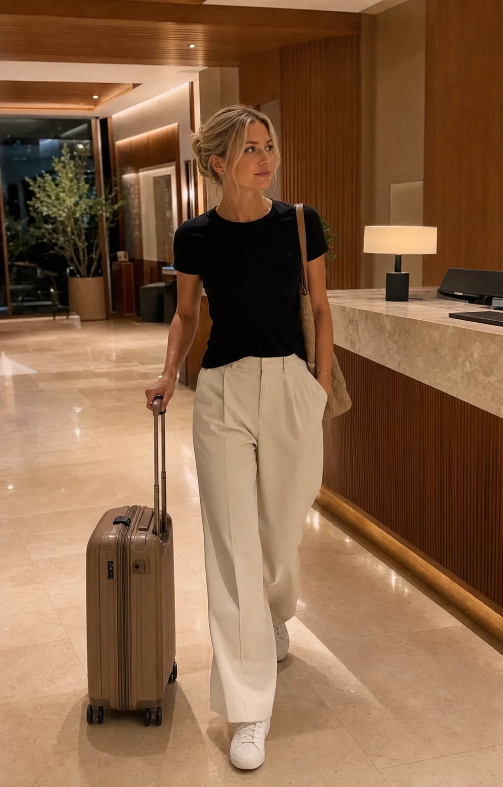 Creator arriving in a quiet hotel lobby