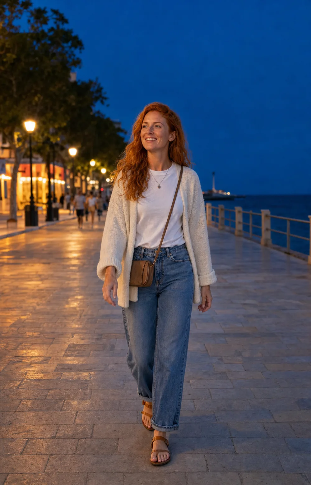 Creator walking a coastal promenade after sunset